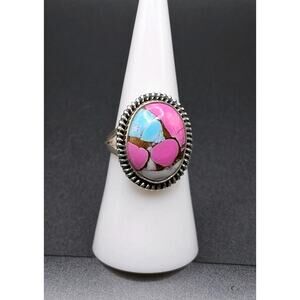 Cotton Candy Turquoise Ring, size 6.75, Rope Trimmed, 925 SS, Southwest Style